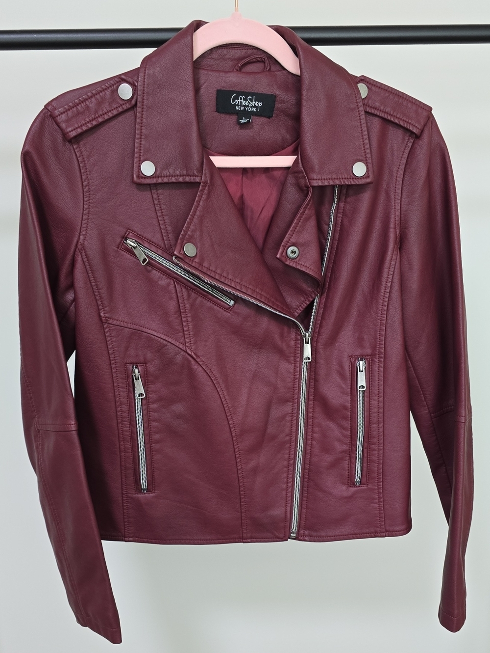 CoffeeShop Women's Wine Red Faux Leather Moto Jacket